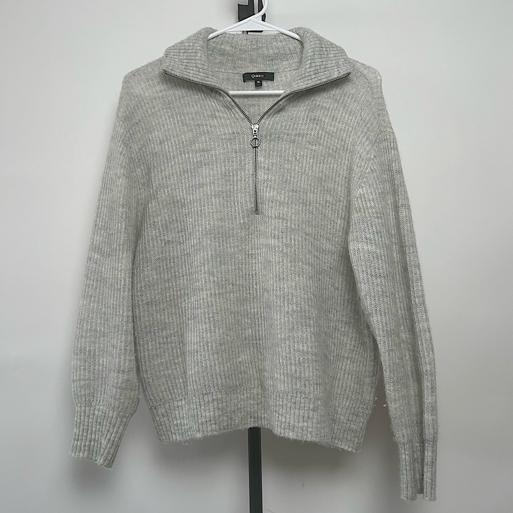 Quince women’s “Baby Alpaca-Wool Quarter Zip” in light grey color, size S